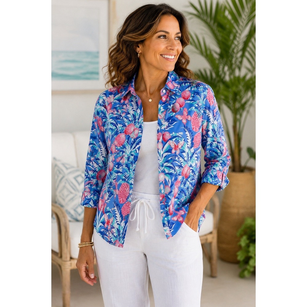 Talbots XL Petite Tropical Lychee Pineapple Cotton Button Up Shirt Blue PXL